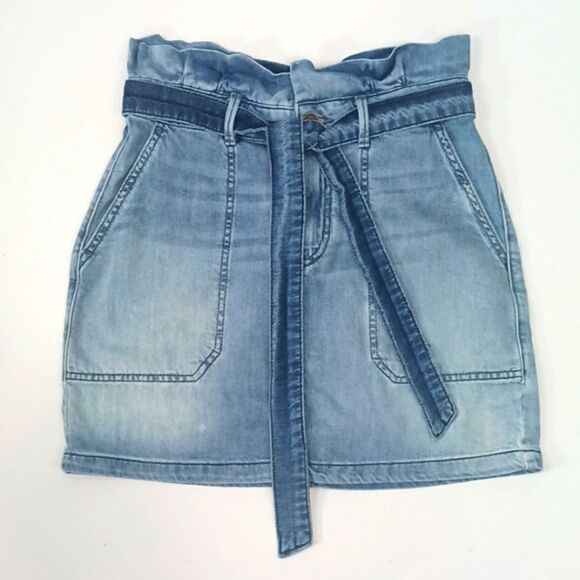Free People Splender in the grass paper bag tie waist demin mini skirt size 4 - Picture 2 of 9